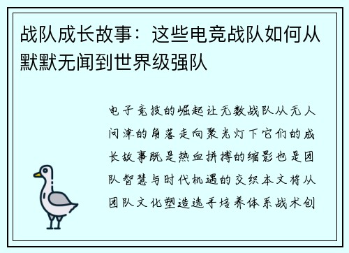 战队成长故事：这些电竞战队如何从默默无闻到世界级强队