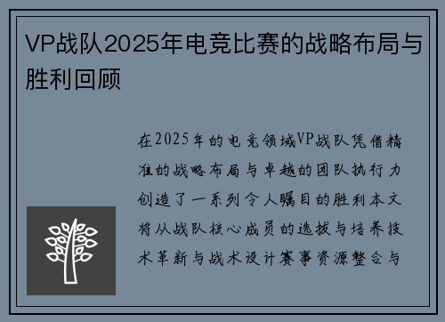 VP战队2025年电竞比赛的战略布局与胜利回顾