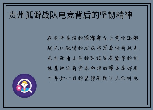 贵州孤僻战队电竞背后的坚韧精神