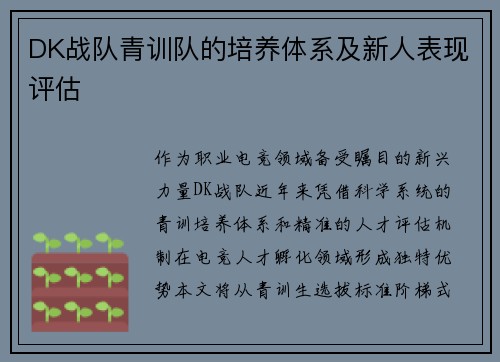 DK战队青训队的培养体系及新人表现评估